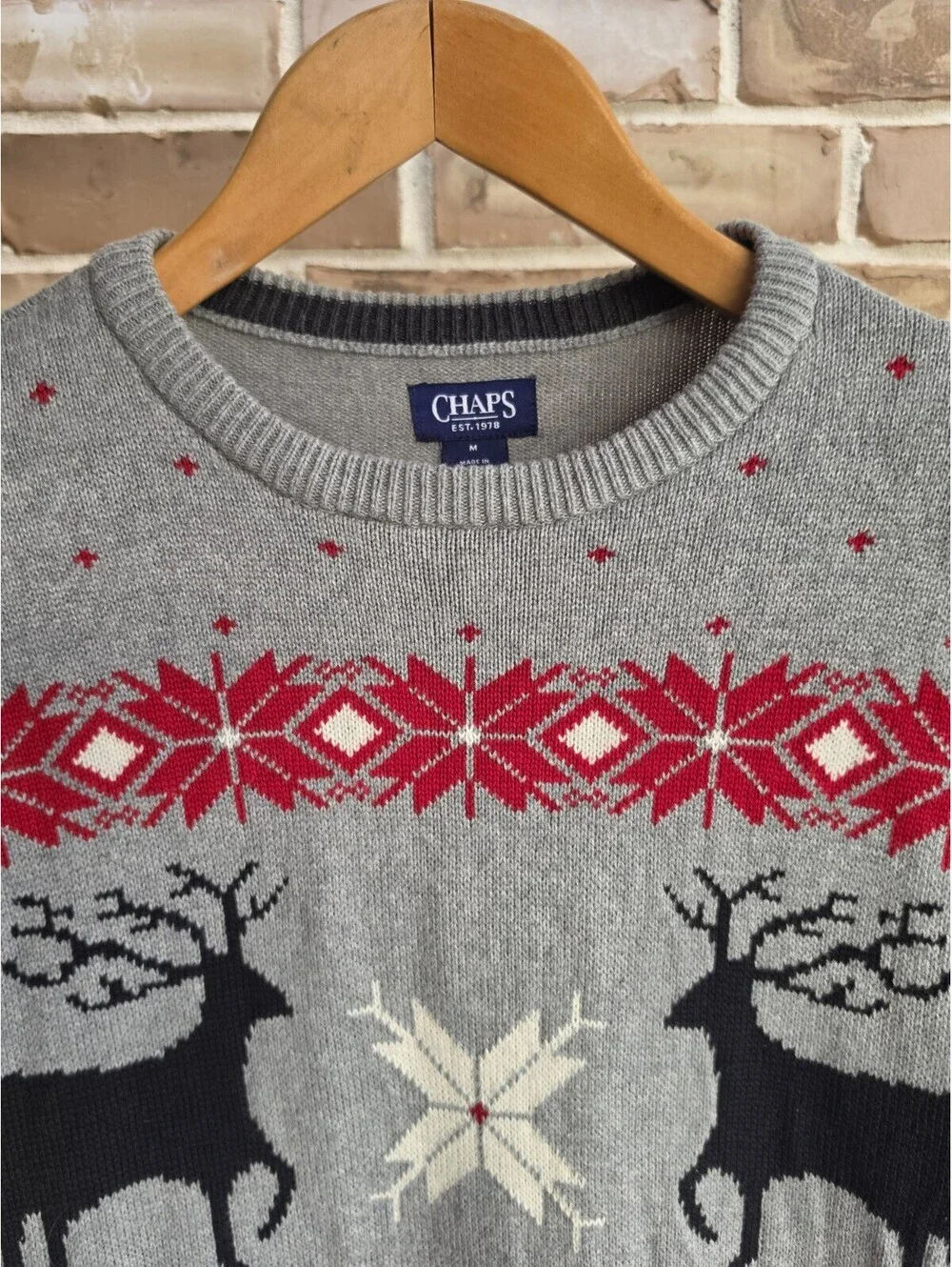 Chaps Mens M Christmas Sweater Reindeer Snowflake Fair Isle Nordic Gray Cotton